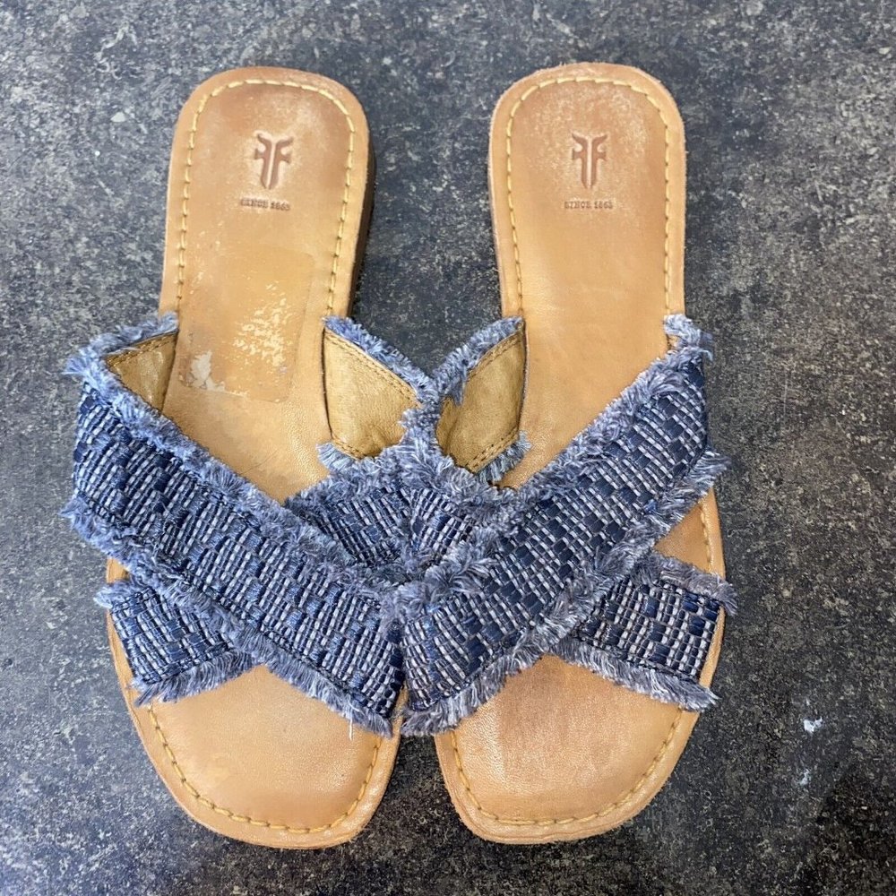 Frye Robin Blue Frayed Chambray Slide Flat Sandal size 6.5 Hayley Slip Ons